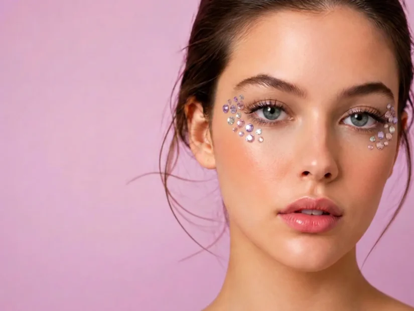 Whimsy-Maxxing: What It Is and How the Trend Is Changing Beauty 1 A woman wearing a few small gemstones at the outer corner of her eye