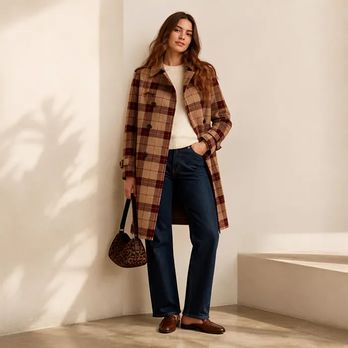 How to Wear Prints: A Beginner's Guide to Mixing Patterns 2 Full outfit with a large check coat, small leopard bag, cream knit and dark denim