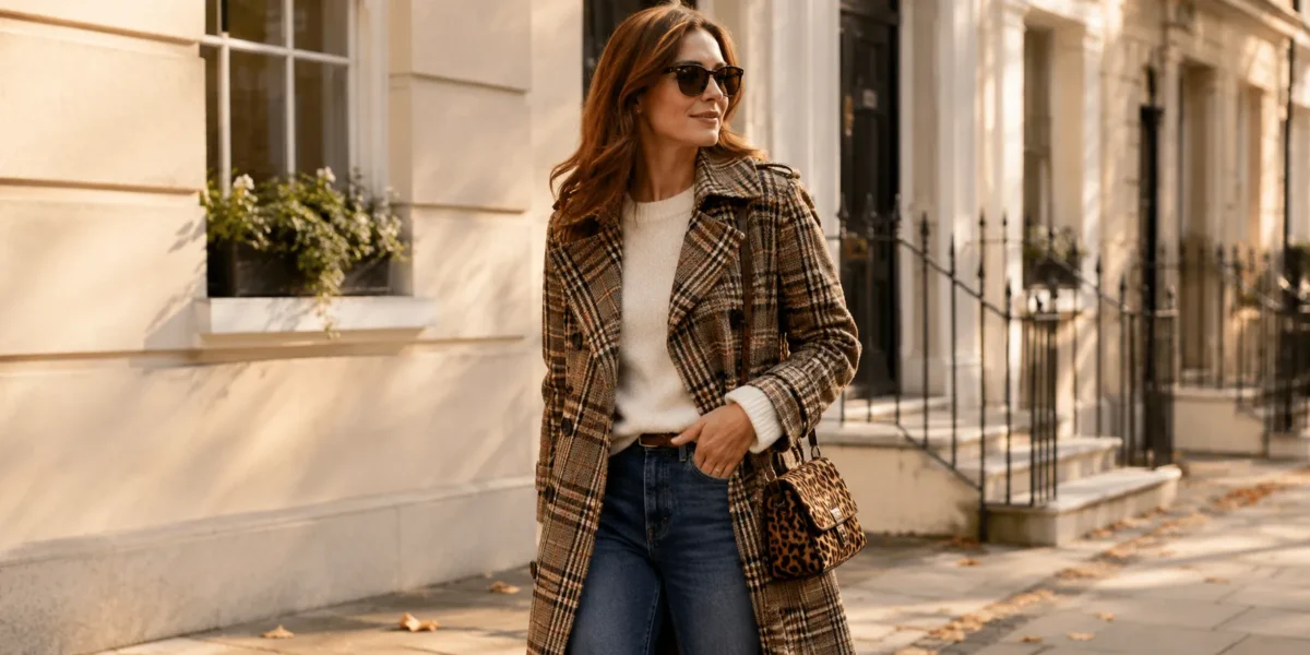 How to Wear Prints: A Beginner's Guide to Mixing Patterns 1 A woman wearing an oversized plaid coat with a small leopard print bag, illustrating how to wear prints by mixing patterns at different scales