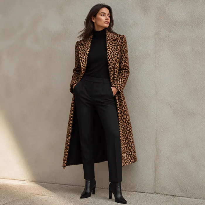 How to Wear Prints: A Beginner's Guide to Mixing Patterns 3 A leopard print coat worn over a black turtleneck, black trousers and boots