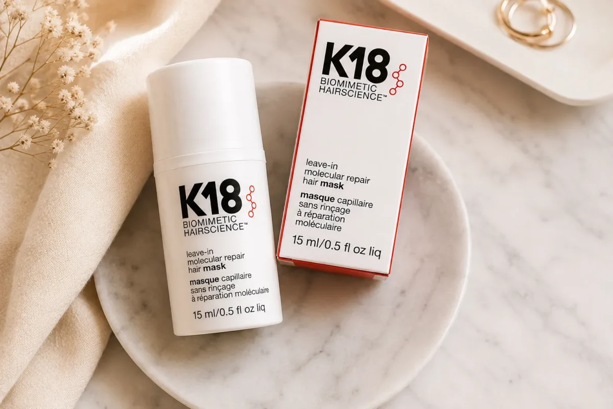 K18 Leave-In Molecular Repair Hair Mask bottle and box on a marble surface with a linen cloth and dried flowers