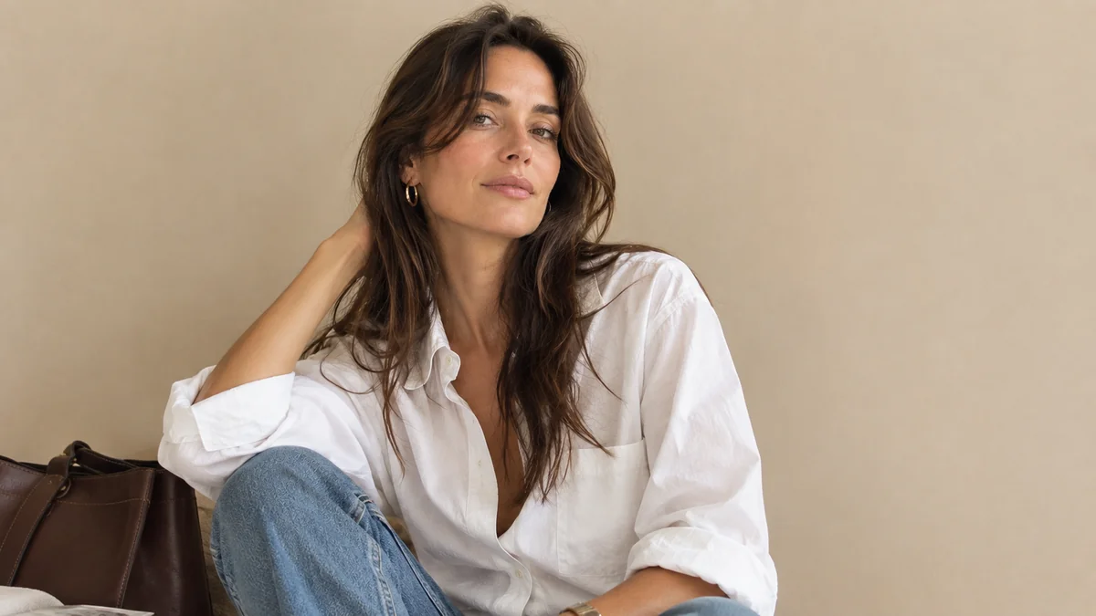 Woman wearing a relaxed white button-down shirt in a minimalist beige setting, representing the natural and effortless style of the kinda chic trend.
