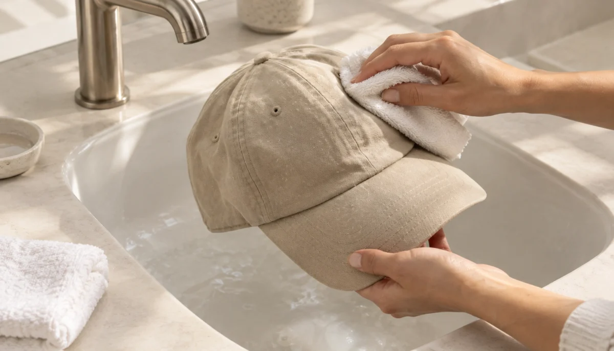 How to Wash a Hat Without Ruining Its Shape 1 Hand-washing a beige baseball cap with a soft cloth to clean it while preserving its shape.