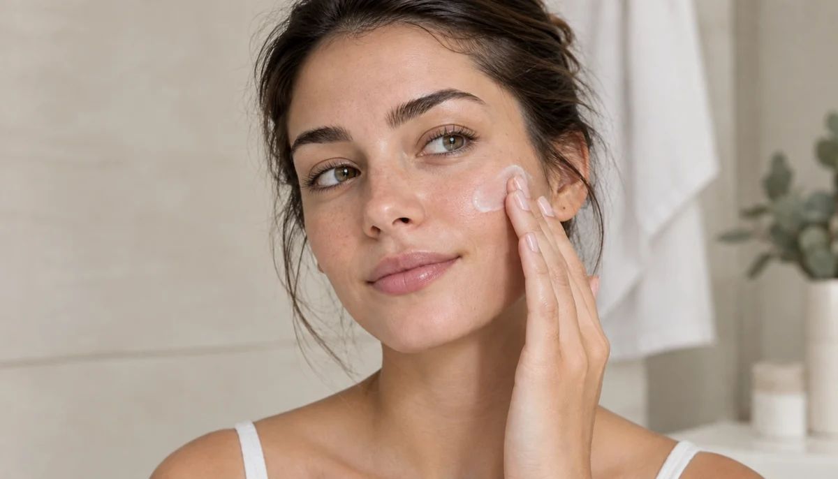 Woman applying moisturizer to naturally textured skin as part of an oily skin skincare routine.